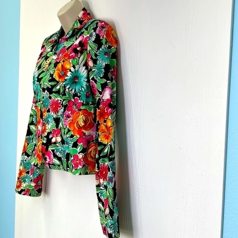 Anthracite - Bright Bold Floral Zip Up Shoulder Pad Blazer Size 4